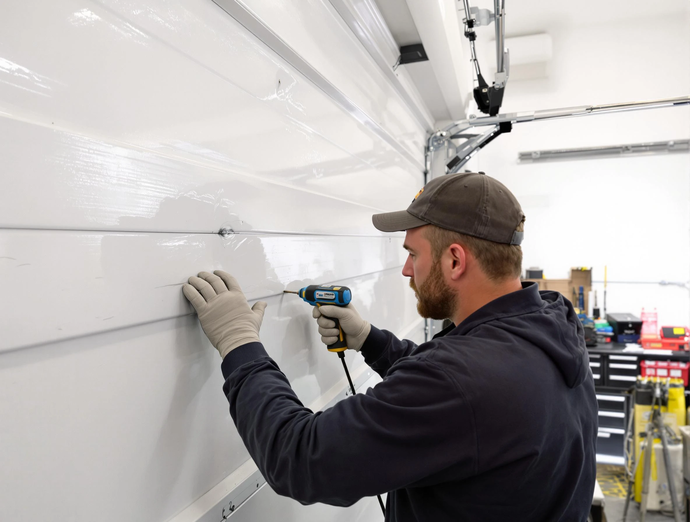 Stafford Courthouse Garage Door Repair technician demonstrating precision dent removal techniques on a Stafford Courthouse garage door