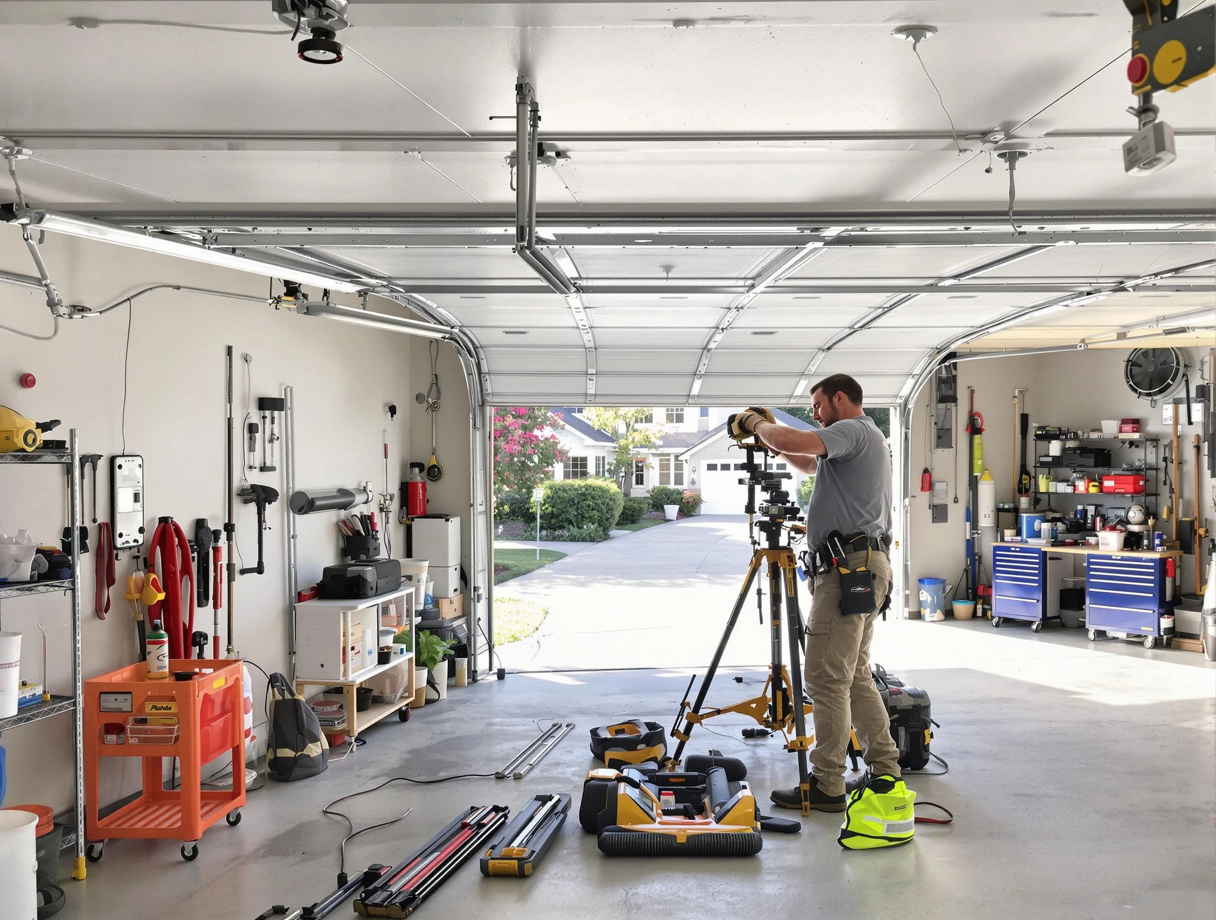Stafford Courthouse Garage Door Repair specialist performing laser-guided track alignment in Stafford Courthouse